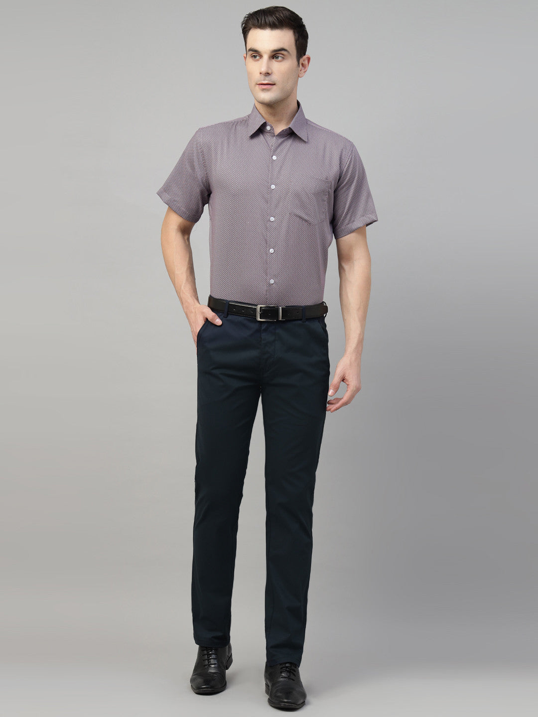 Men Navy Blue Solid Cotton Elastene Slim Fit Formal Trouser