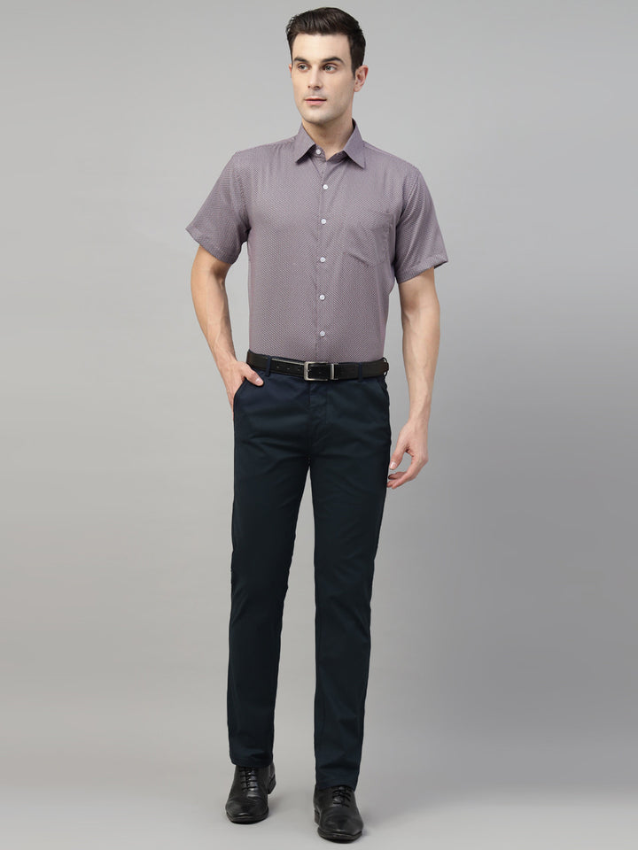 Men Navy Blue Solid Cotton Elastene Slim Fit Formal Trouser