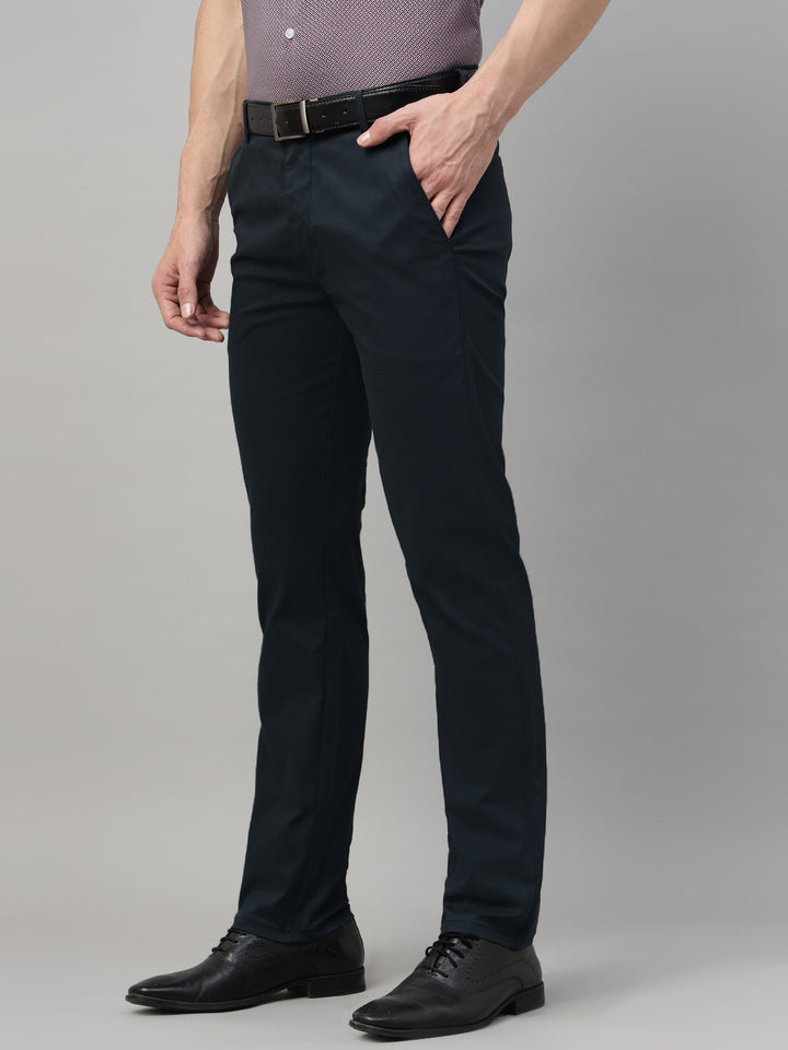 Men Navy Blue Solid Cotton Elastene Slim Fit Formal Trouser