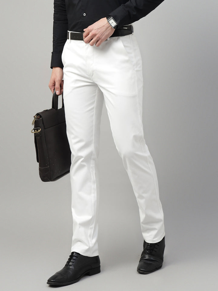 Men White Solid Cotton Elastene Slim Fit Formal Trouser