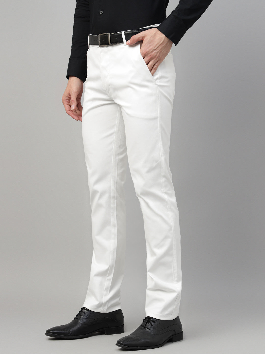 Men White Solid Cotton Elastene Slim Fit Formal Trouser