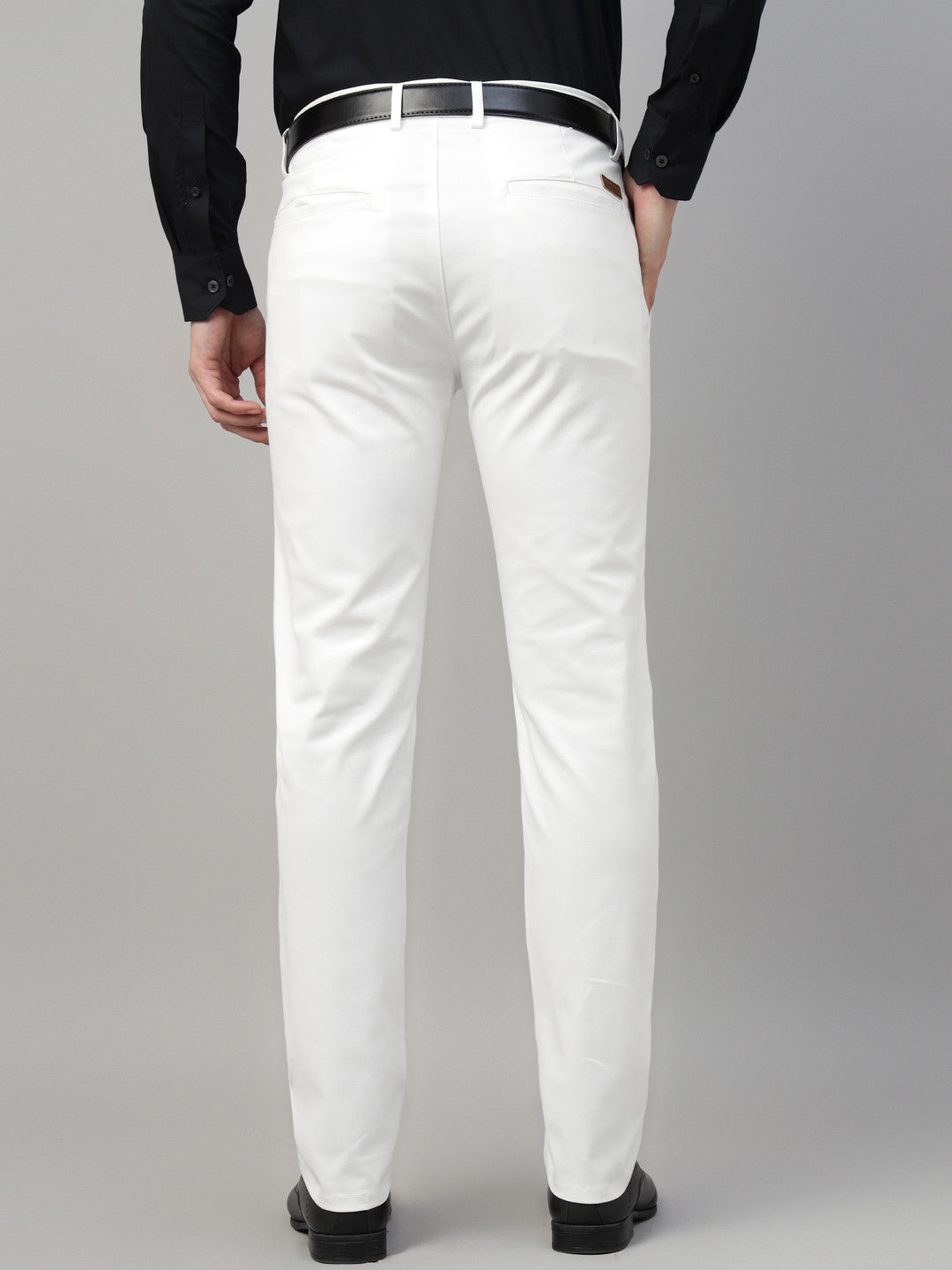 Men White Solid Cotton Elastene Slim Fit Formal Trouser