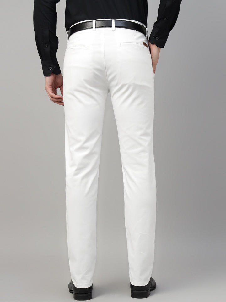 Men White Solid Cotton Elastene Slim Fit Formal Trouser