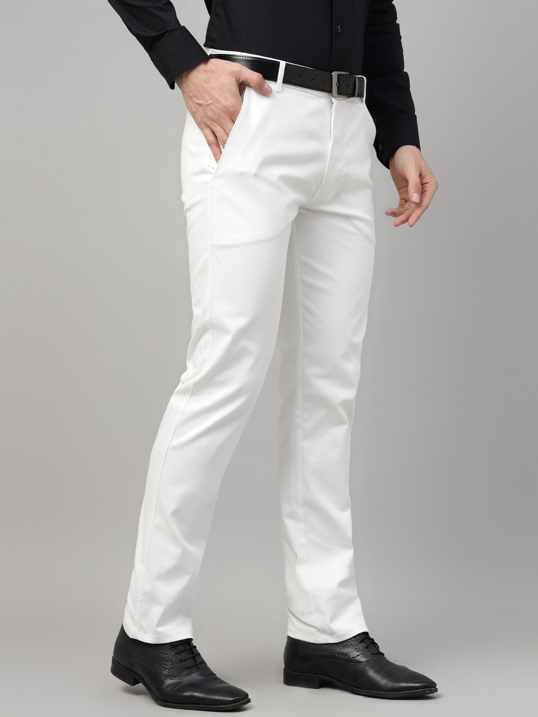 Men White Solid Cotton Elastene Slim Fit Formal Trouser