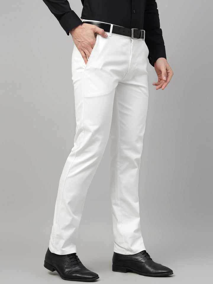 Men White Solid Cotton Elastene Slim Fit Formal Trouser