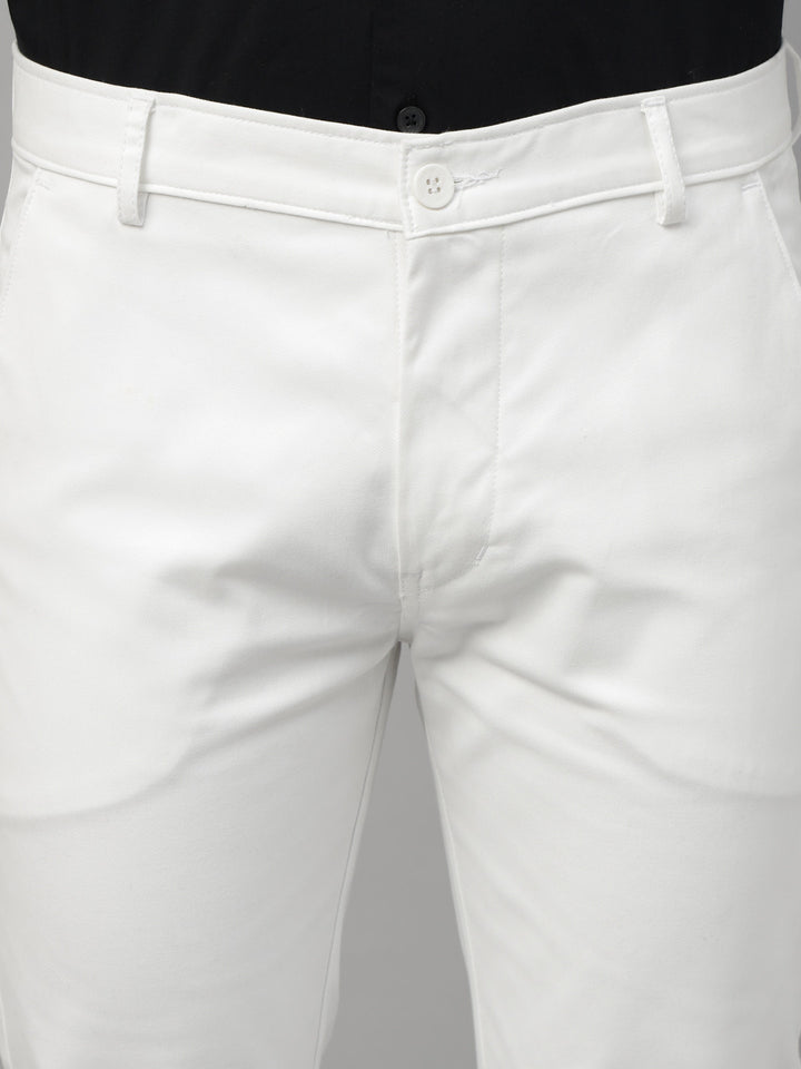 Men White Solid Cotton Elastene Slim Fit Formal Trouser