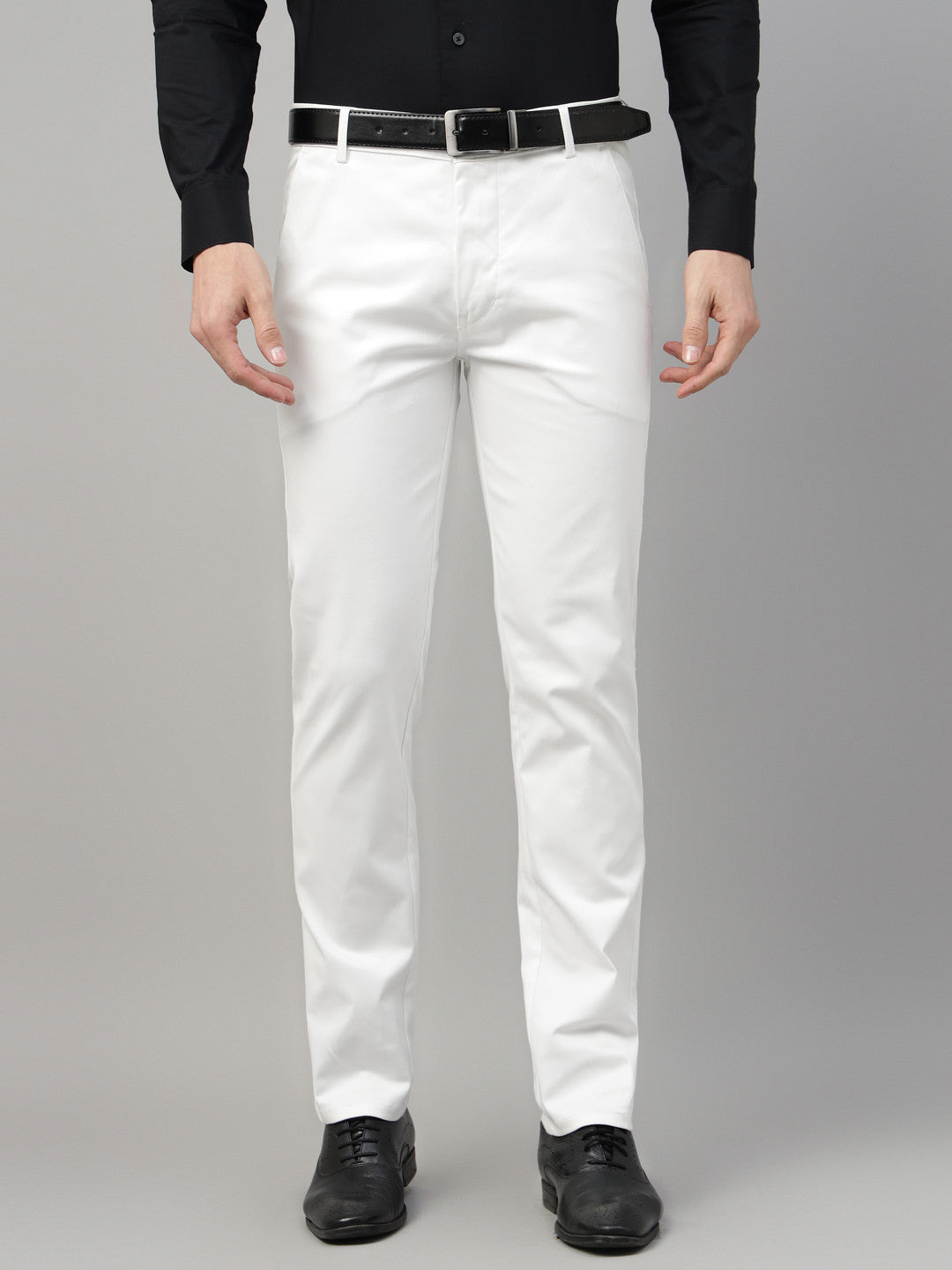 Men White Solid Cotton Elastene Slim Fit Formal Trouser