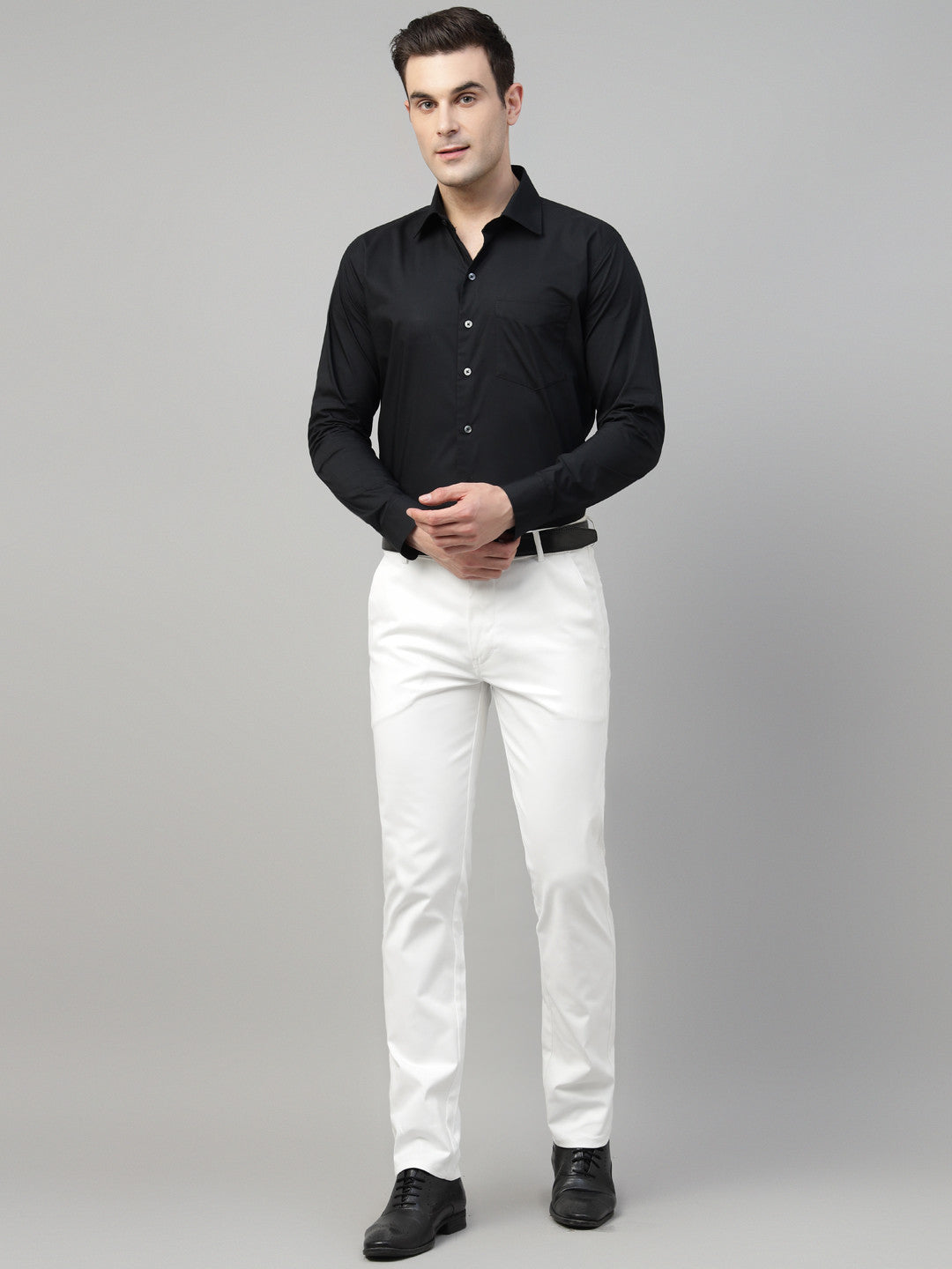 Men White Solid Cotton Elastene Slim Fit Formal Trouser
