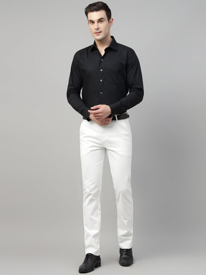 Men White Solid Cotton Elastene Slim Fit Formal Trouser