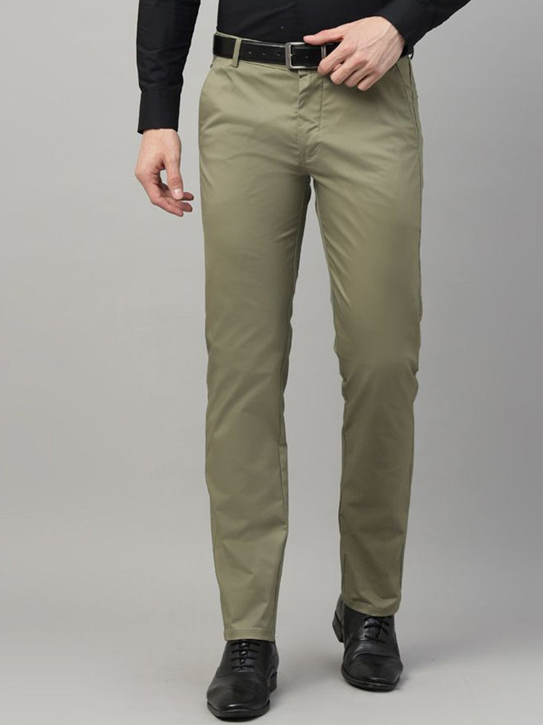 Men Olive Solid Cotton Elastene Slim Fit Formal Trouser