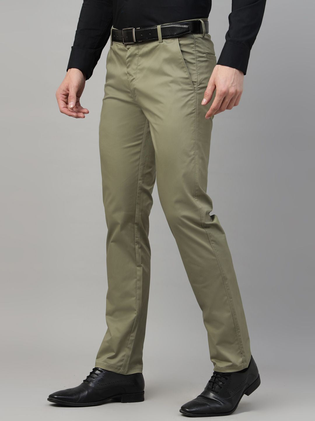 Men Olive Solid Cotton Elastene Slim Fit Formal Trouser