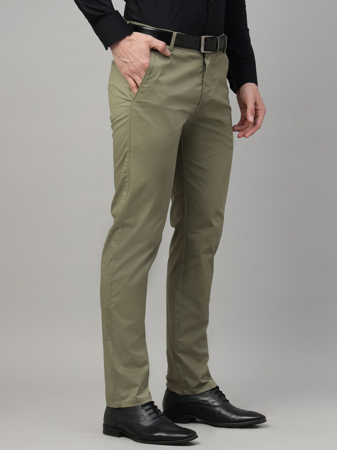 Men Olive Solid Cotton Elastene Slim Fit Formal Trouser