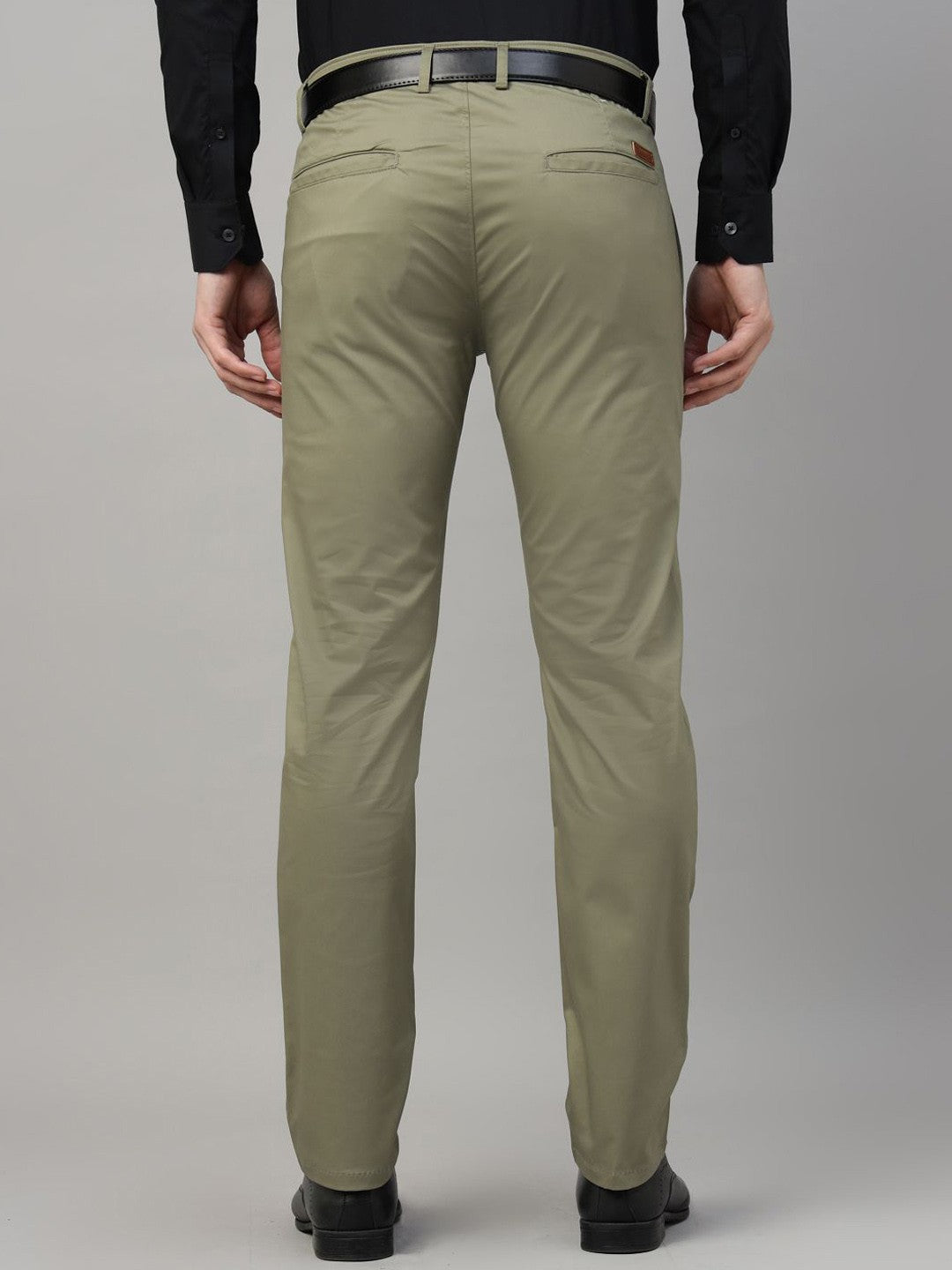 Men Olive Solid Cotton Elastene Slim Fit Formal Trouser