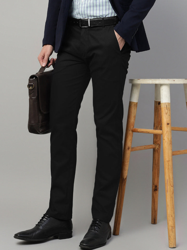 Men Black Solid Cotton Elastene Slim Fit Formal Trouser