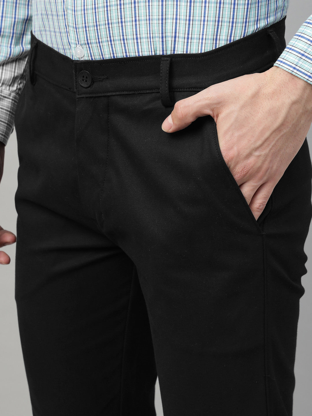 Men Black Solid Cotton Elastene Slim Fit Formal Trouser