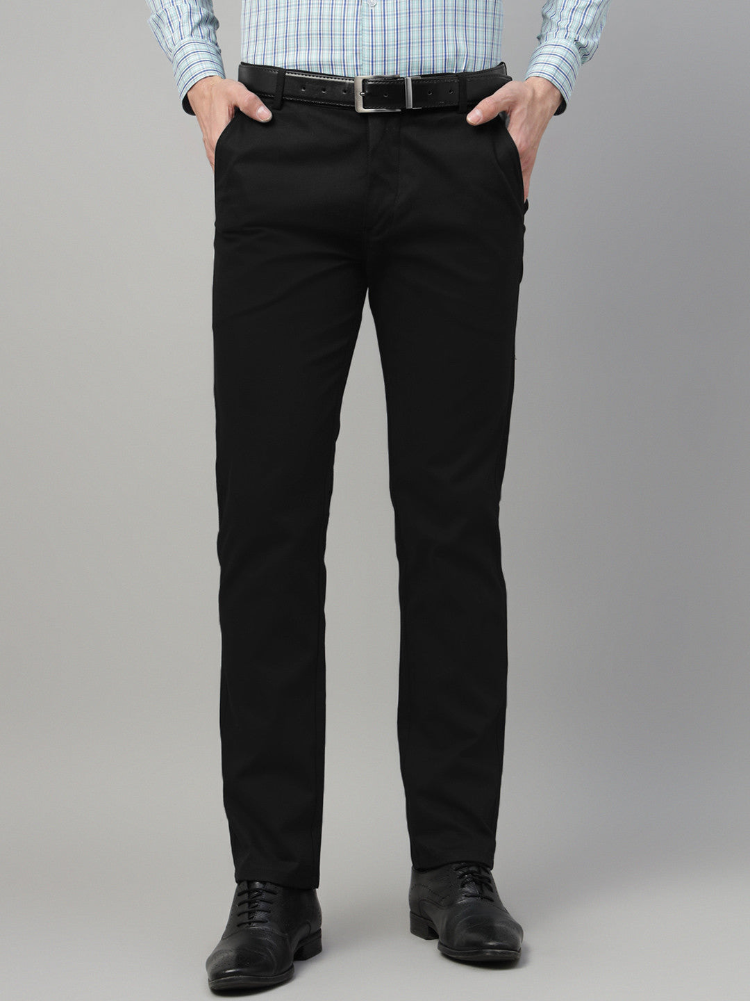Men Black Solid Cotton Elastene Slim Fit Formal Trouser