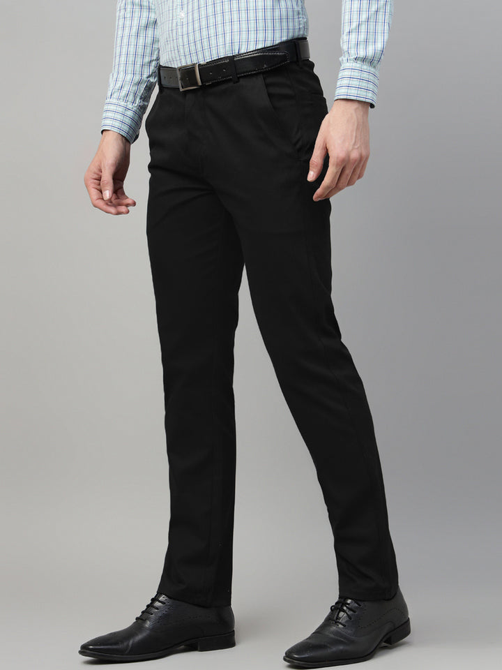 Men Black Solid Cotton Elastene Slim Fit Formal Trouser