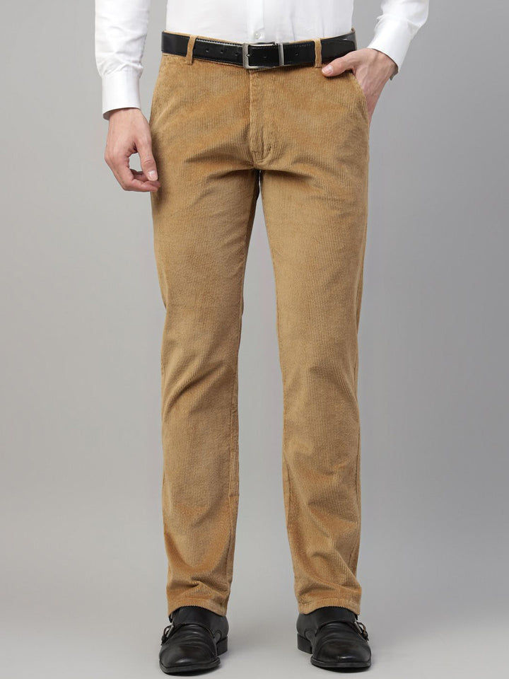 Men Khaki Solid Cotton Elastene Slim Fit Formal Trouser
