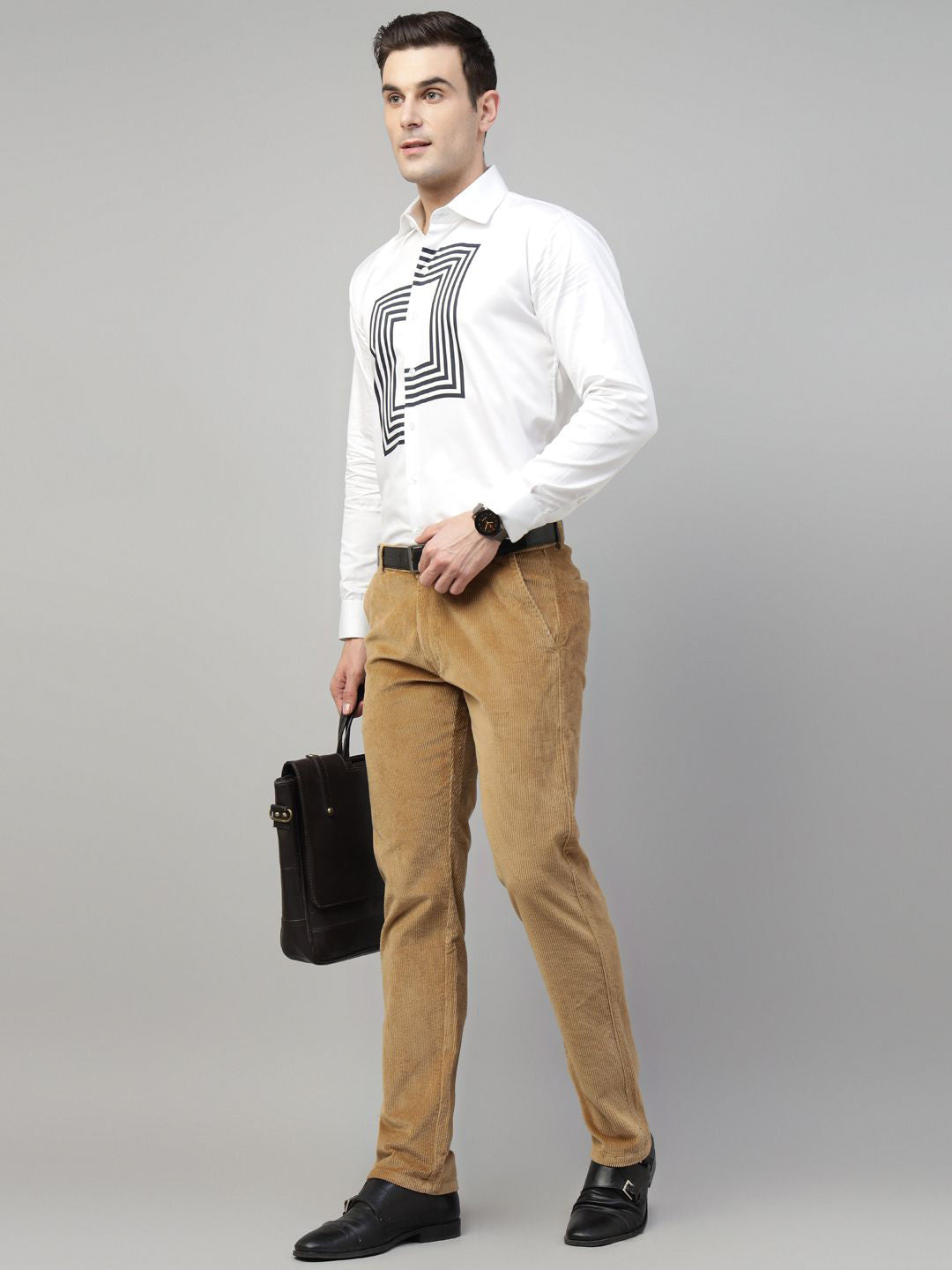 Men Khaki Solid Cotton Elastene Slim Fit Formal Trouser