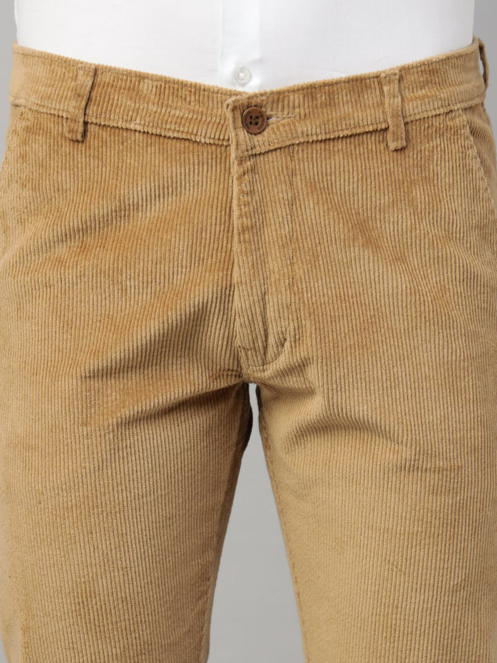 Men Khaki Solid Cotton Elastene Slim Fit Formal Trouser