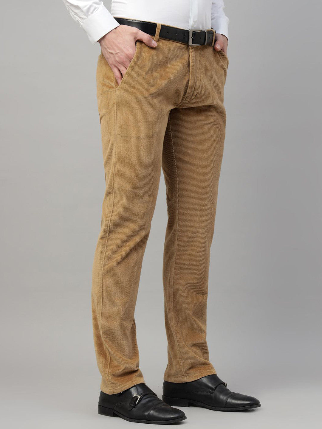Men Khaki Solid Cotton Elastene Slim Fit Formal Trouser