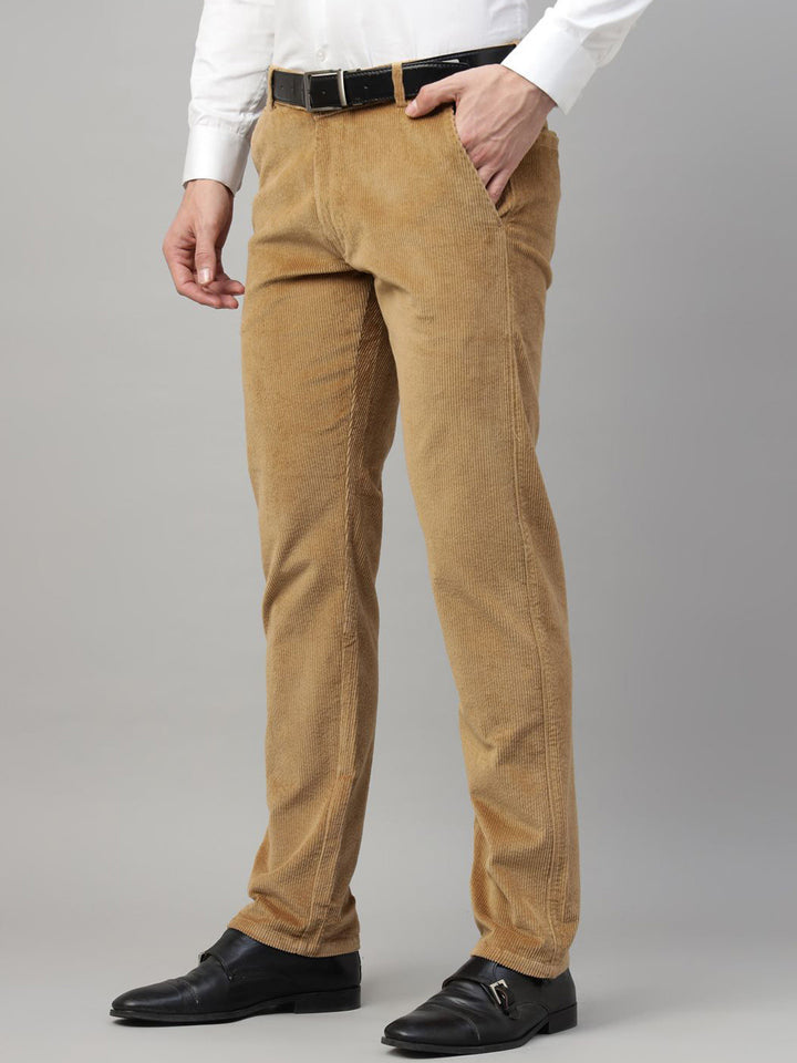 Men Khaki Solid Cotton Elastene Slim Fit Formal Trouser