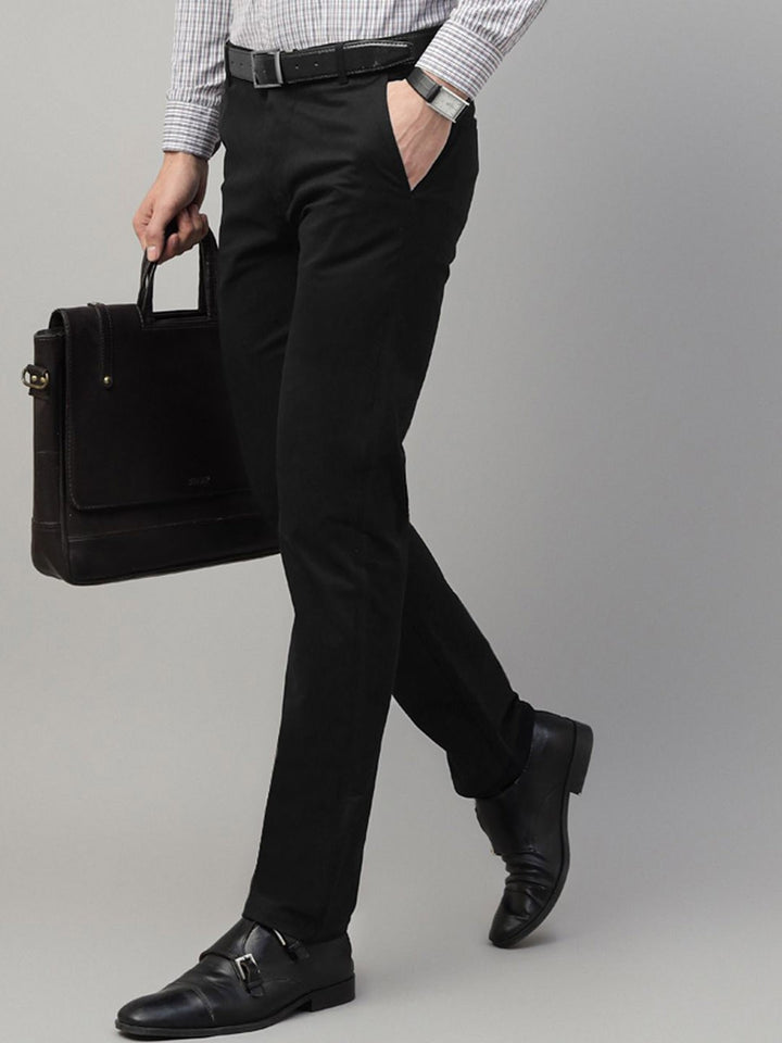 Men Black Solid Cotton Elastene Slim Fit Formal Trouser