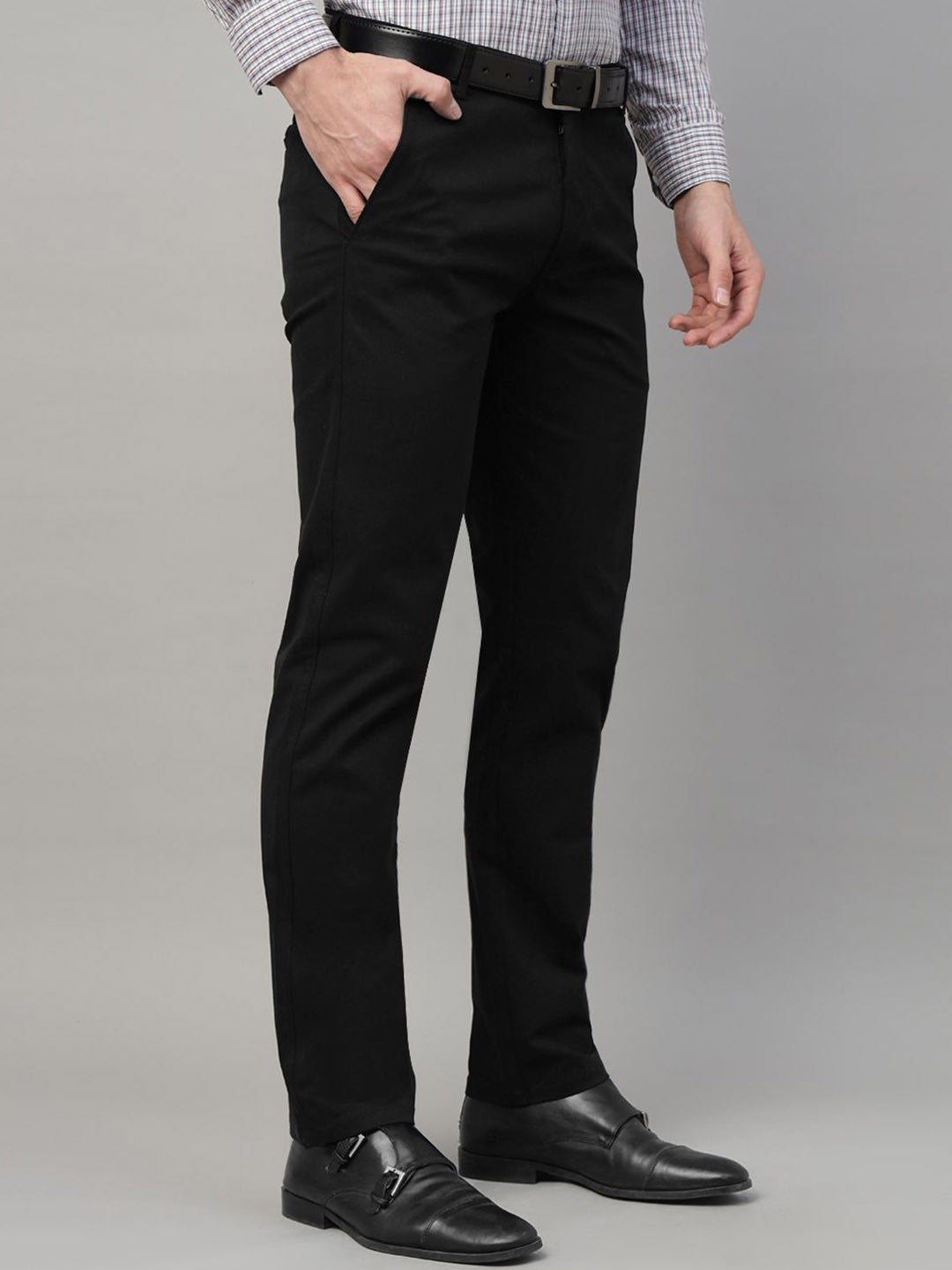 Men Black Solid Cotton Elastene Slim Fit Formal Trouser
