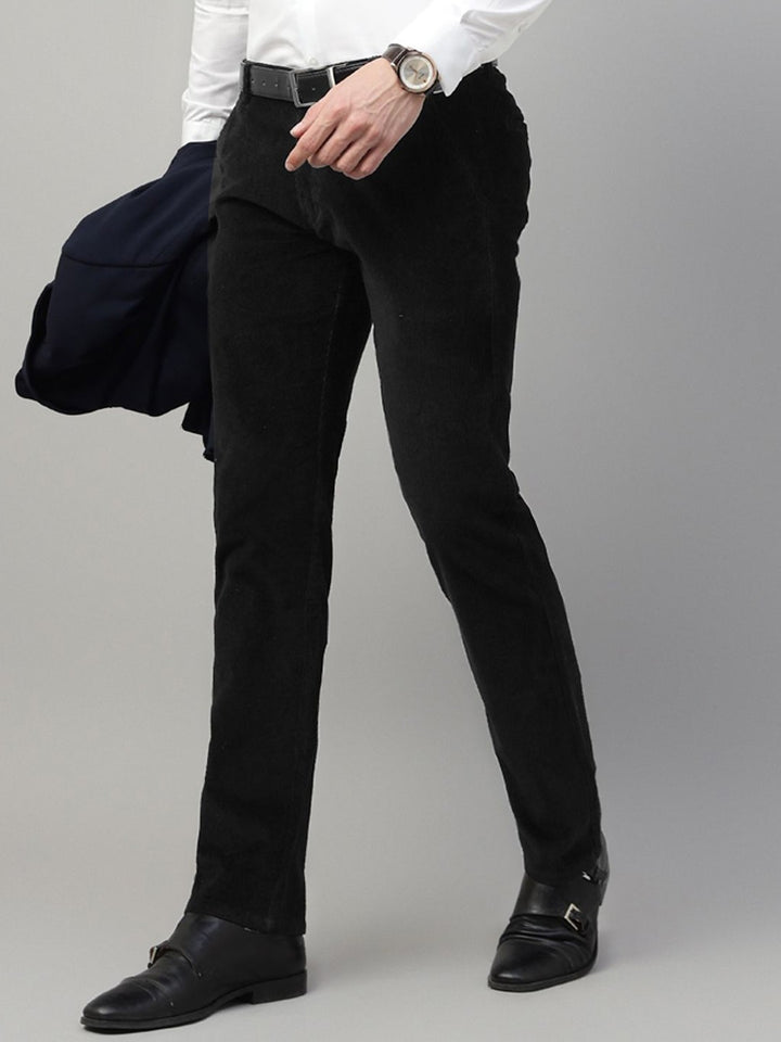 Men Black Solid Cotton Elastene Slim Fit Formal Trouser