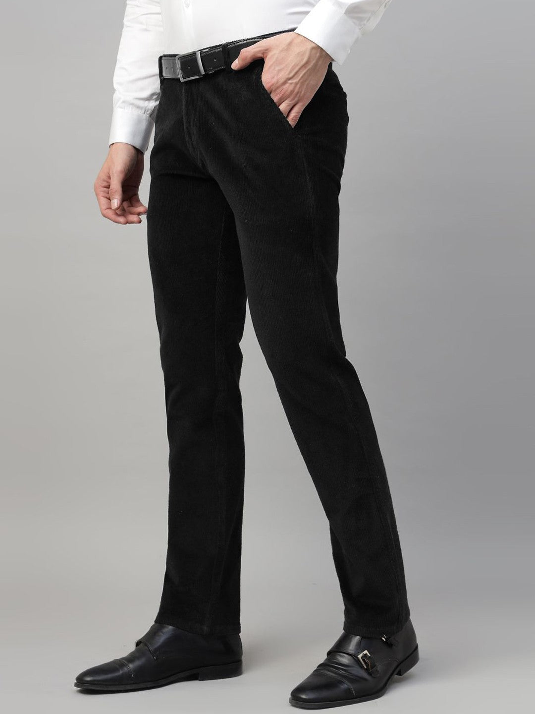 Men Black Solid Cotton Elastene Slim Fit Formal Trouser