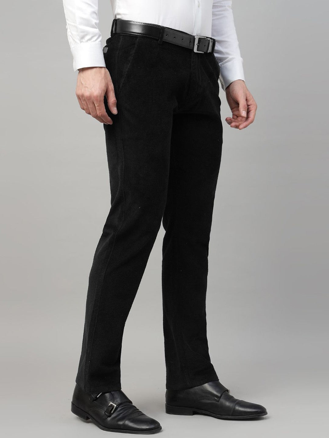 Men Black Solid Cotton Elastene Slim Fit Formal Trouser