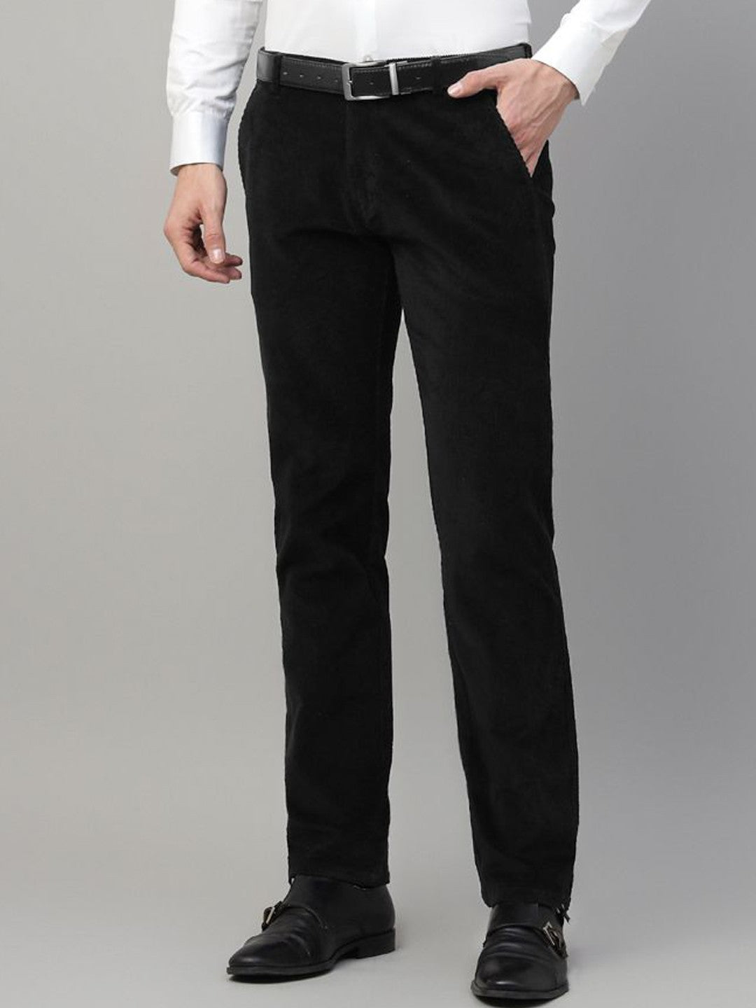Men Black Solid Cotton Elastene Slim Fit Formal Trouser