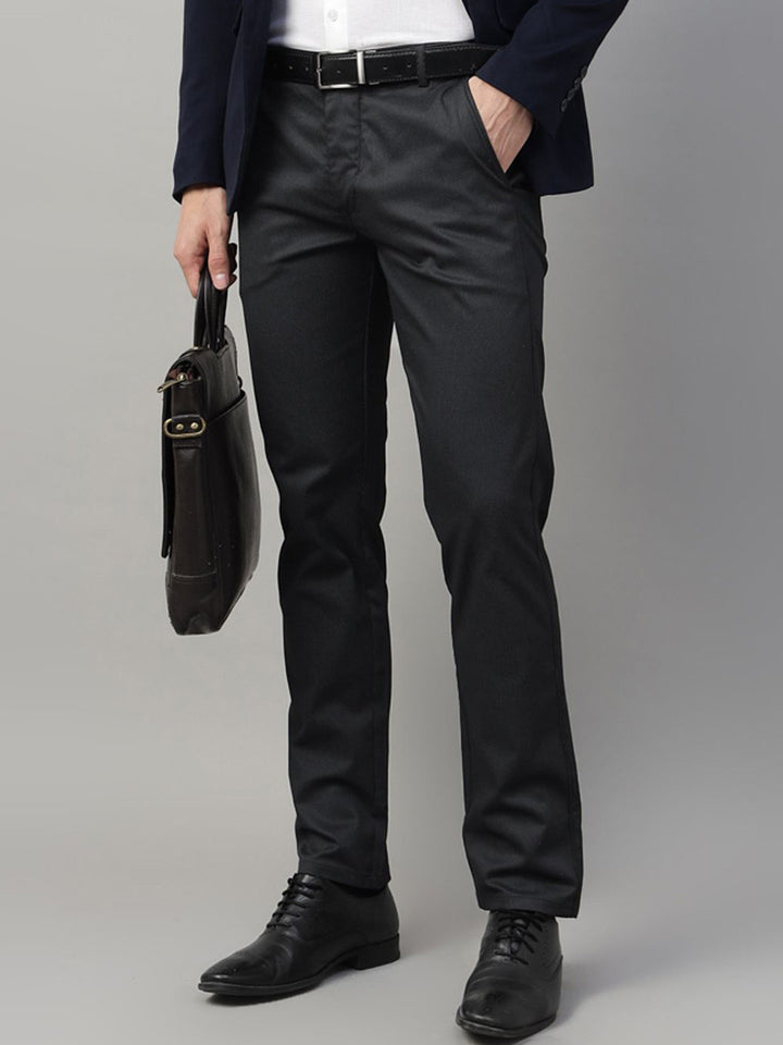 Men Black & Grey Striped Cotton Elastene Slim Fit Formal Trouser