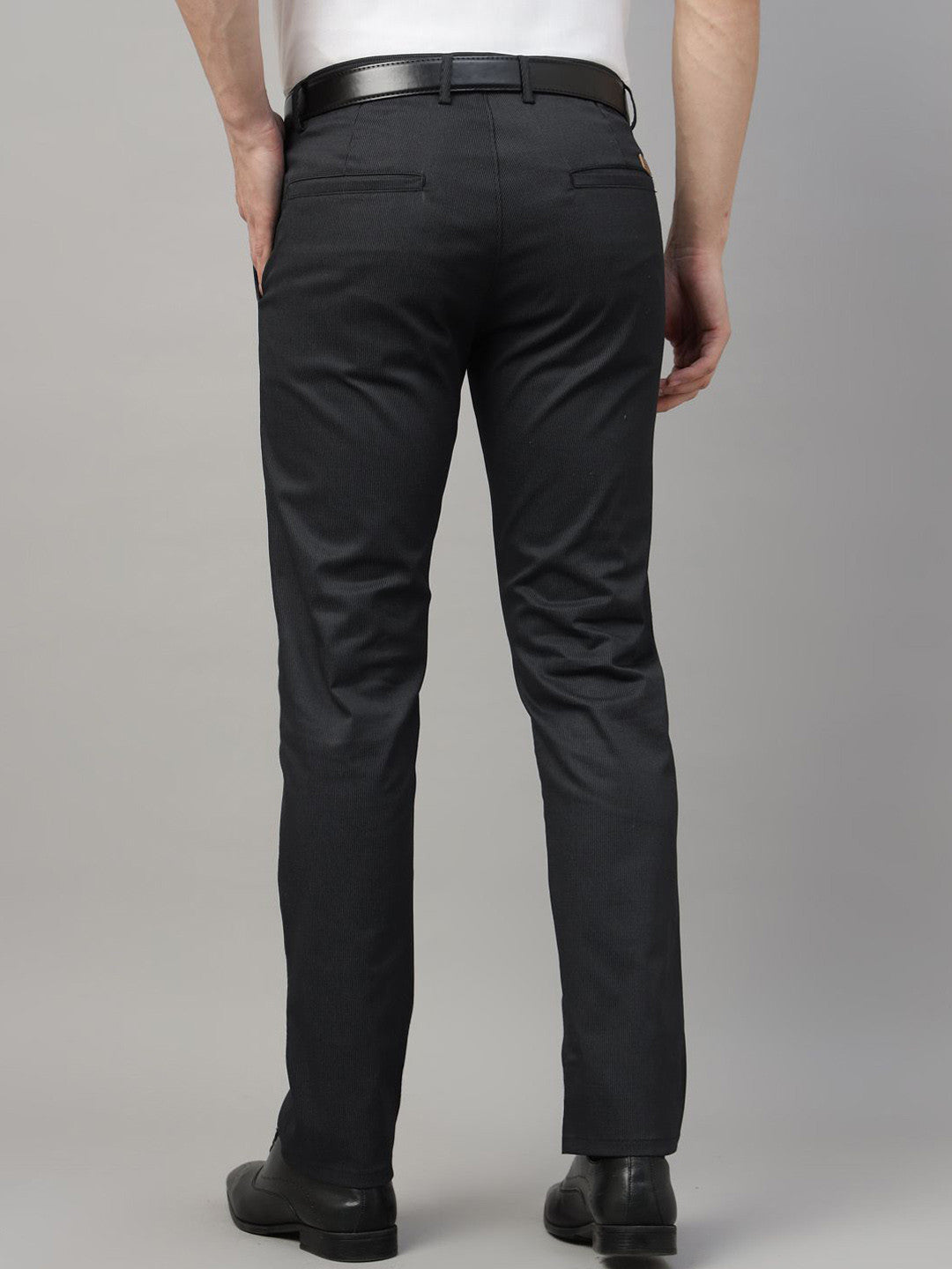 Men Black & Grey Striped Cotton Elastene Slim Fit Formal Trouser