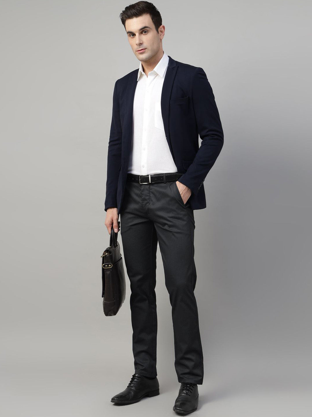 Men Black & Grey Striped Cotton Elastene Slim Fit Formal Trouser