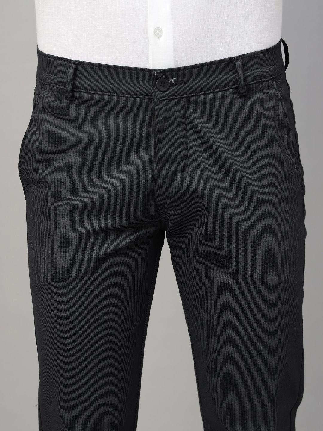 Men Black & Grey Striped Cotton Elastene Slim Fit Formal Trouser