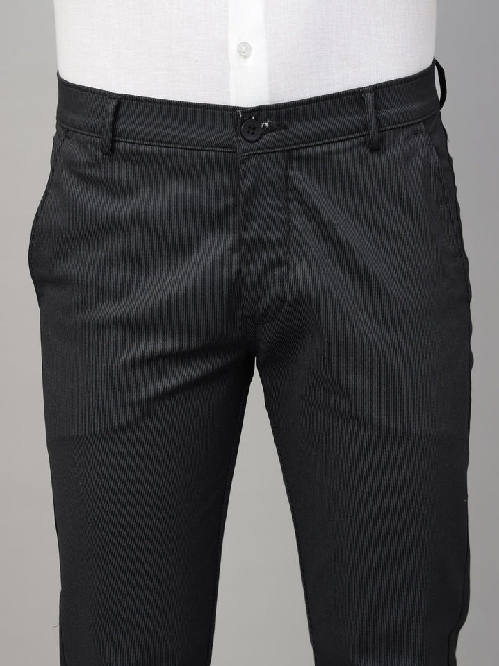Men Black & Grey Striped Cotton Elastene Slim Fit Formal Trouser