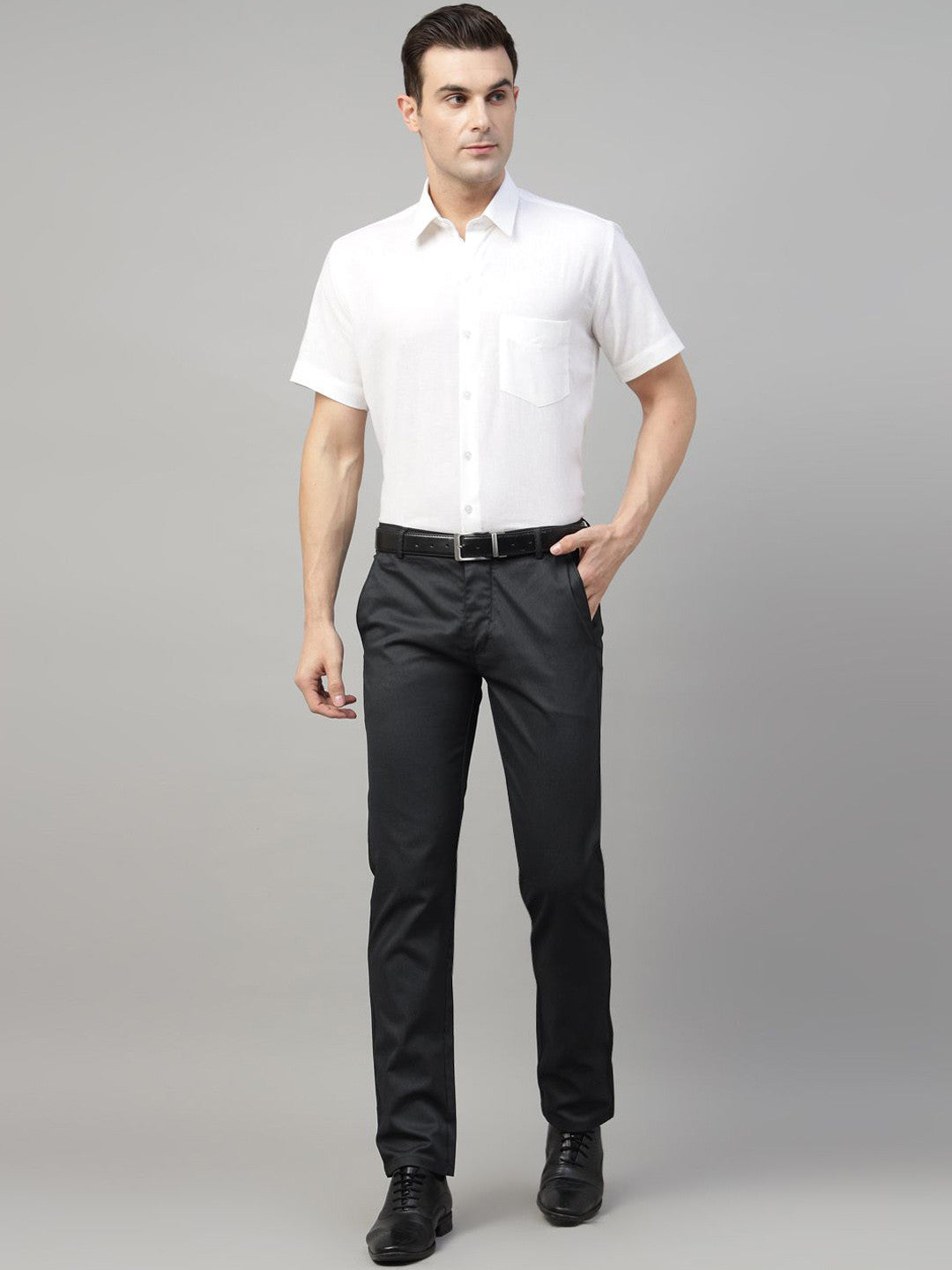 Men Black & Grey Striped Cotton Elastene Slim Fit Formal Trouser