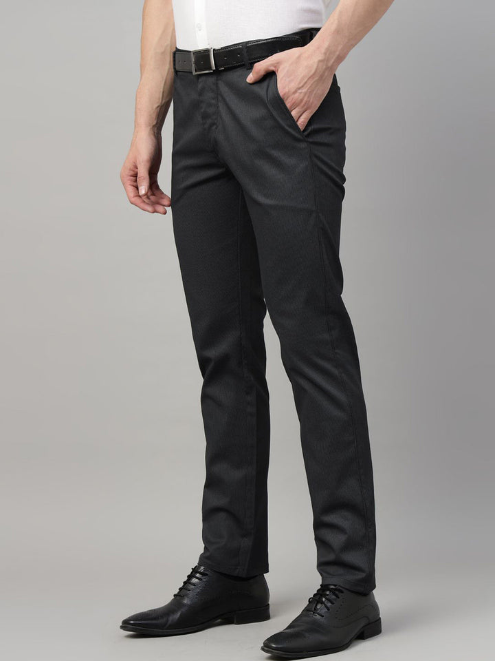 Men Black & Grey Striped Cotton Elastene Slim Fit Formal Trouser
