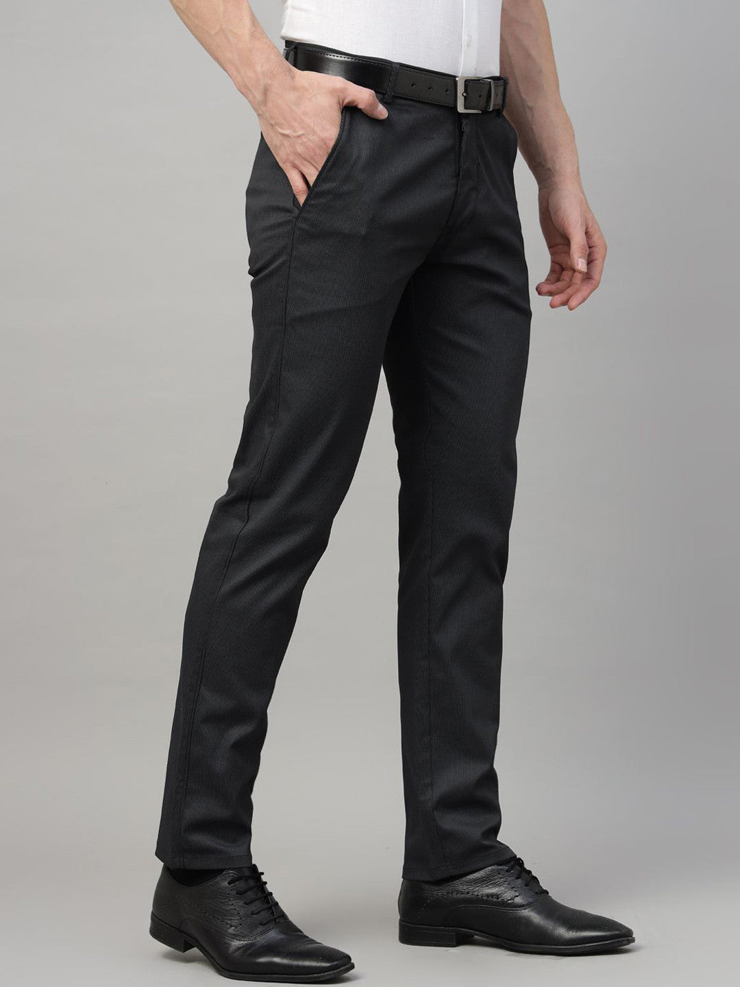 Men Black & Grey Striped Cotton Elastene Slim Fit Formal Trouser