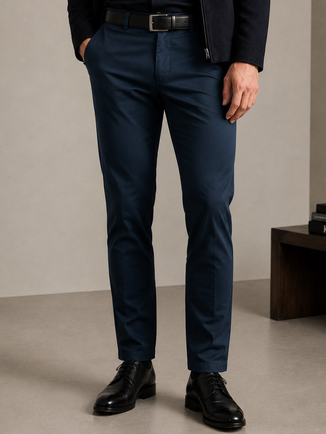 Hancock Men Navy Blue Solid Cotton Elastane Slim Fit Formal Trouser