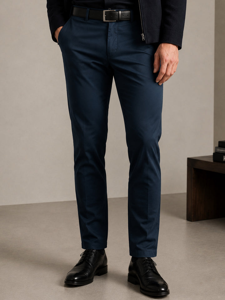 Hancock Men Navy Blue Solid Cotton Elastane Slim Fit Formal Trouser