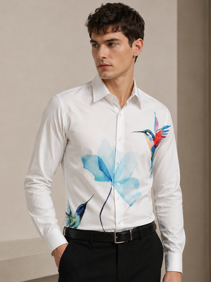 Men White Graphical Printed Wrinkle Free Cotton Satin Slim Fit Party Shirt