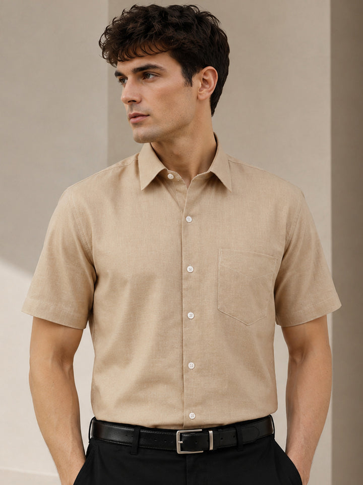 Men Tan Brown Solid Linen & Cotton Blend Slim Fit Formal Shirt