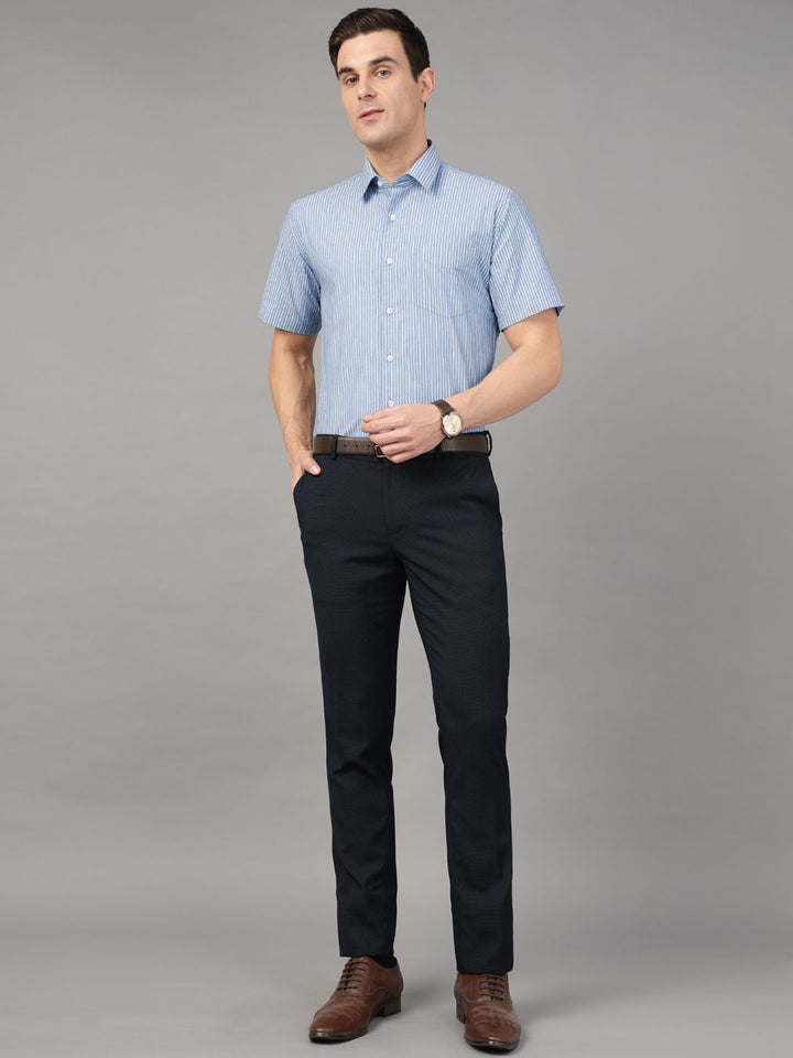 Hancock Men Blue & White Stripe Pure Cotton Slim Fit Formal Shirt