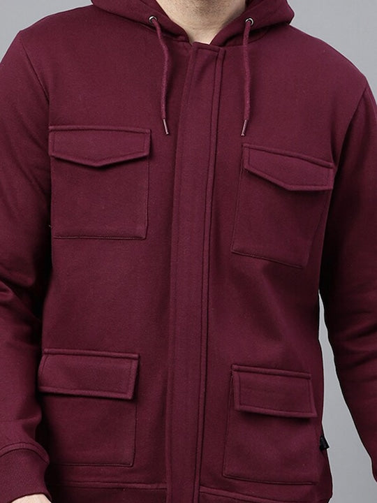 Men Burgundy Solid Full Zipper Cargo Pocket Long Sleeves Fleece Hooded Sweatshirt