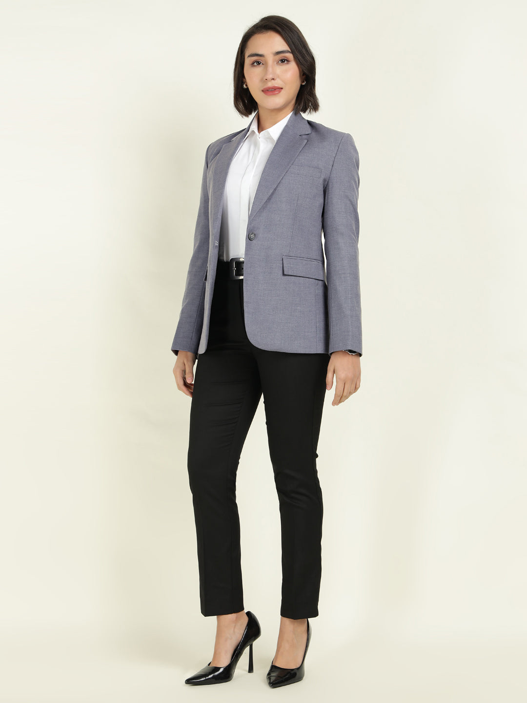 Hancock Women Bluish Grey Solid Single Breasted Formal Blazer