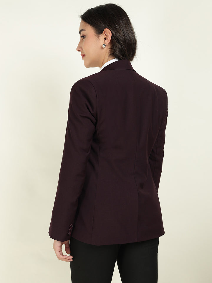 Hancock Women Burgundy Solid Single Breasted Formal Blazer
