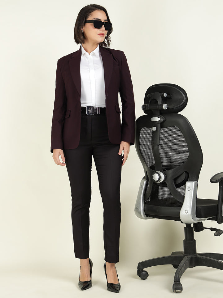 Hancock Women Burgundy Solid Single Breasted Formal Blazer