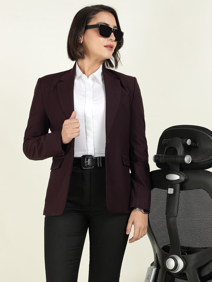 Hancock Women Burgundy Solid Single Breasted Formal Blazer